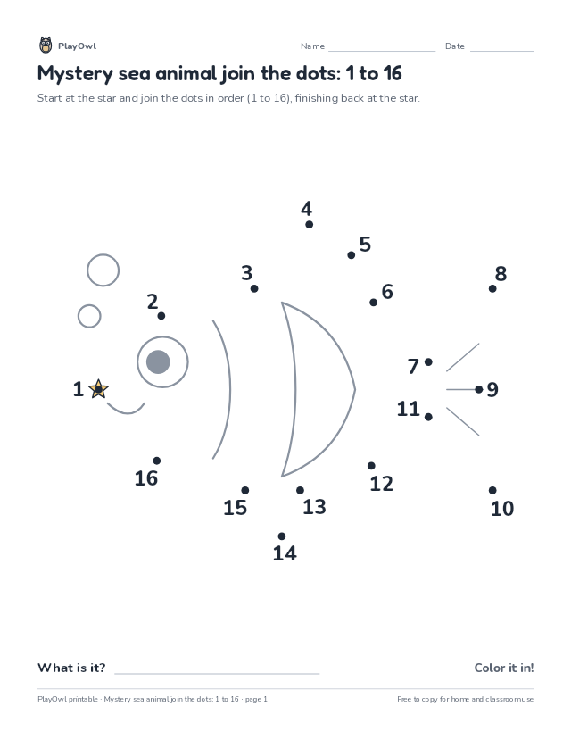 Mystery sea animal join the dots: 1 to 16: dot-to-dot for Preschool, page 1 preview