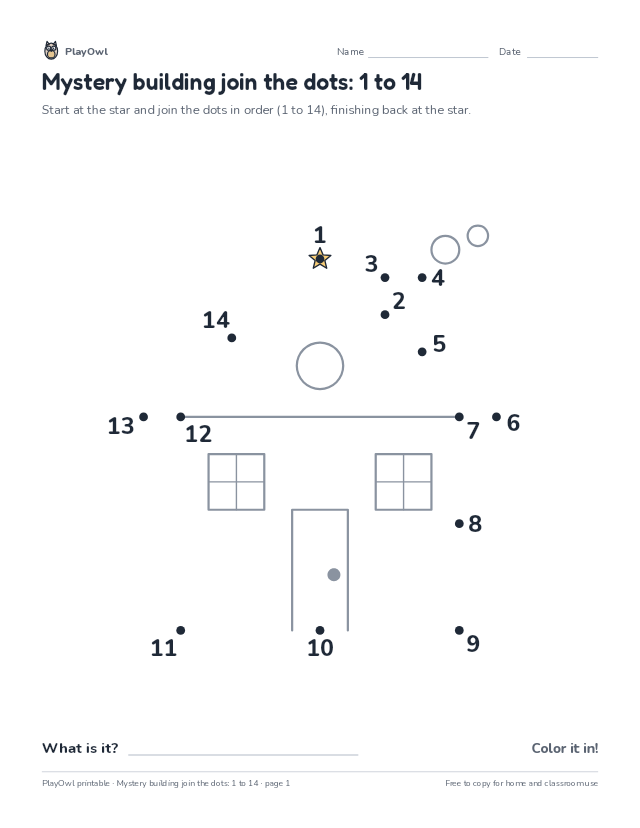 Mystery building join the dots: 1 to 14: dot-to-dot for Preschool, page 1 preview