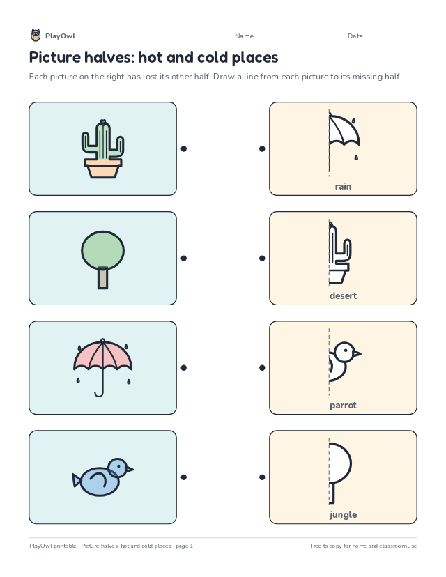 Picture halves: hot and cold places: matching worksheet for Preschool, page 1 preview