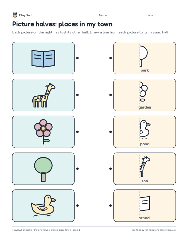 Picture halves: places in my town: matching worksheet for Preschool, page 1 preview