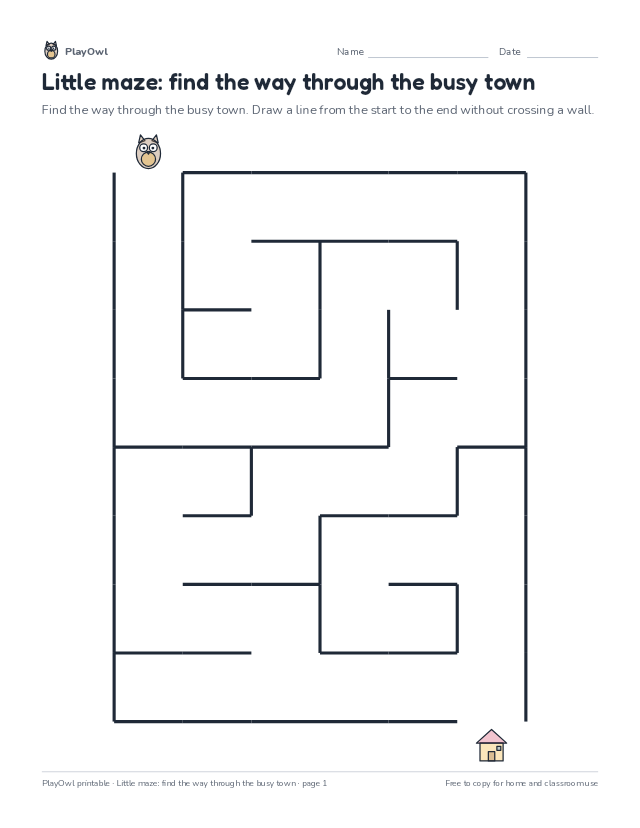 Little maze: find the way through the busy town: maze for Preschool, page 1 preview