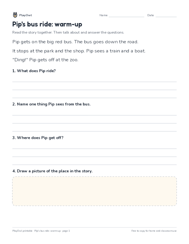 Pip's bus ride: warm-up: reading passage for Preschool to Kindergarten, page 1 preview