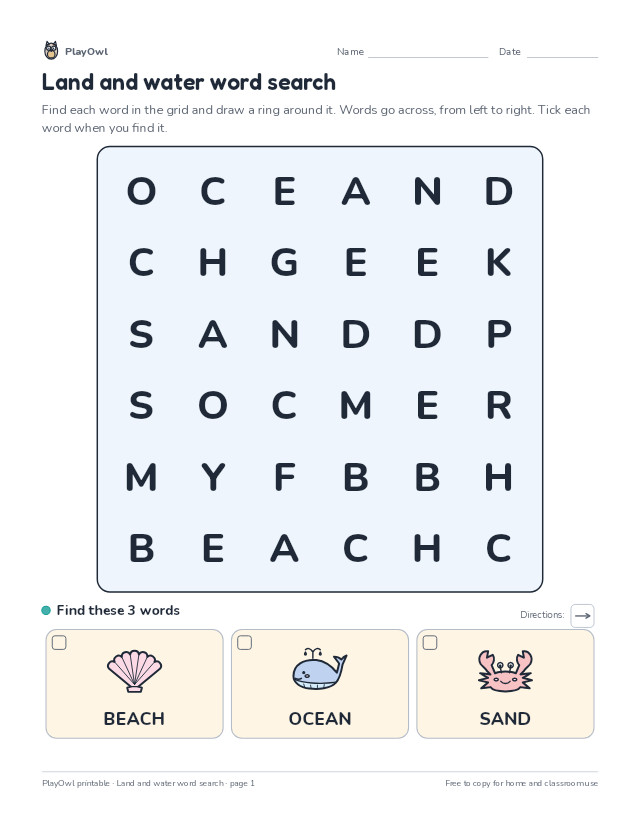 Land and water word search: word search for Preschool, page 1 preview