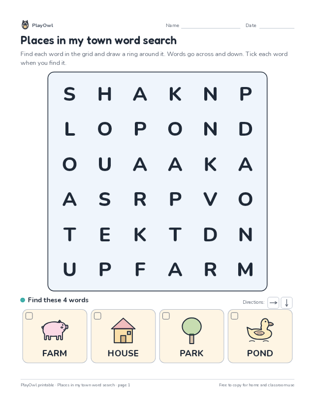 Places in my town word search: word search for Preschool to Pre-K, page 1 preview