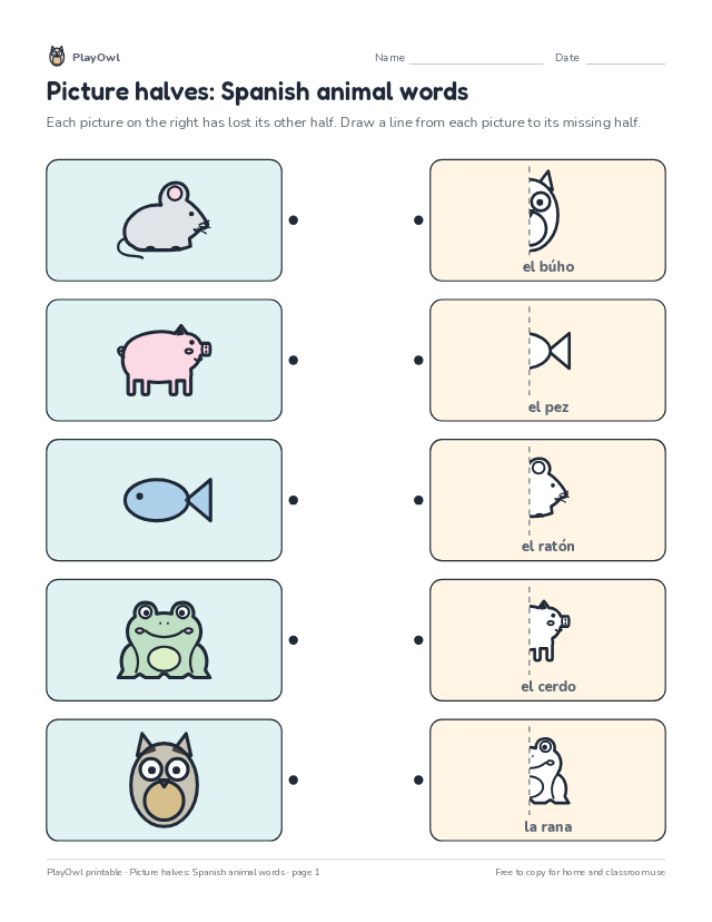 Picture halves: Spanish animal words: matching worksheet for Preschool, page 1 preview