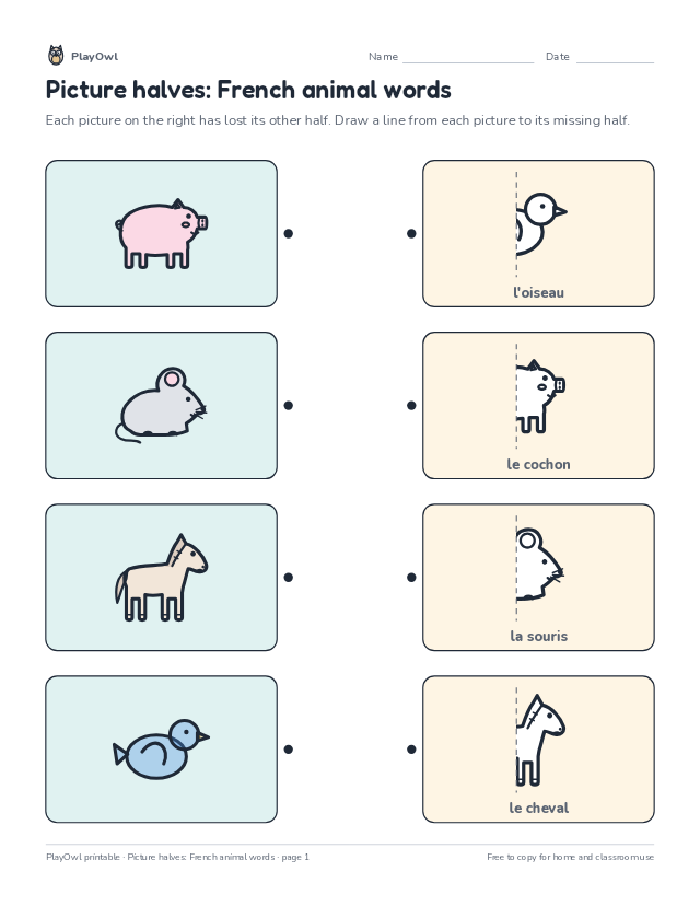 Picture halves: French animal words: matching worksheet for Preschool, page 1 preview