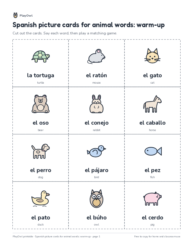 Spanish picture cards for animal words: warm-up: vocabulary worksheet for Preschool to Pre-K, page 1 preview