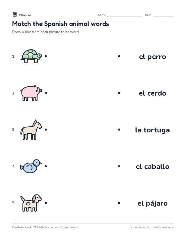 Match the Spanish animal words: vocabulary worksheet for Preschool, page 1 preview