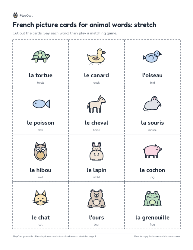 French picture cards for animal words: stretch: vocabulary worksheet for Preschool to Kindergarten, page 1 preview