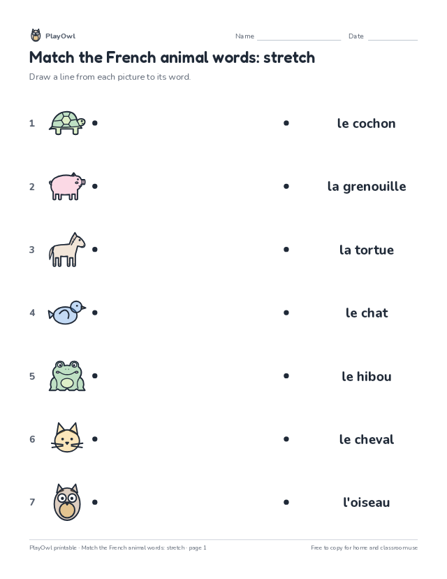 Match the French animal words: stretch: vocabulary worksheet for Preschool to Kindergarten, page 1 preview