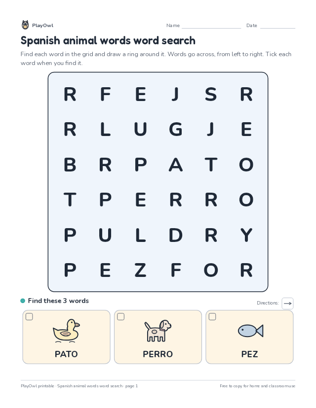 Spanish animal words word search: word search for Preschool, page 1 preview