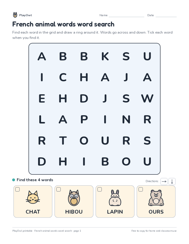 French animal words word search: word search for Preschool to Pre-K, page 1 preview