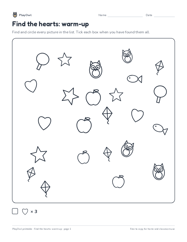 Find the hearts: warm-up: hidden picture puzzle for Preschool, page 1 preview