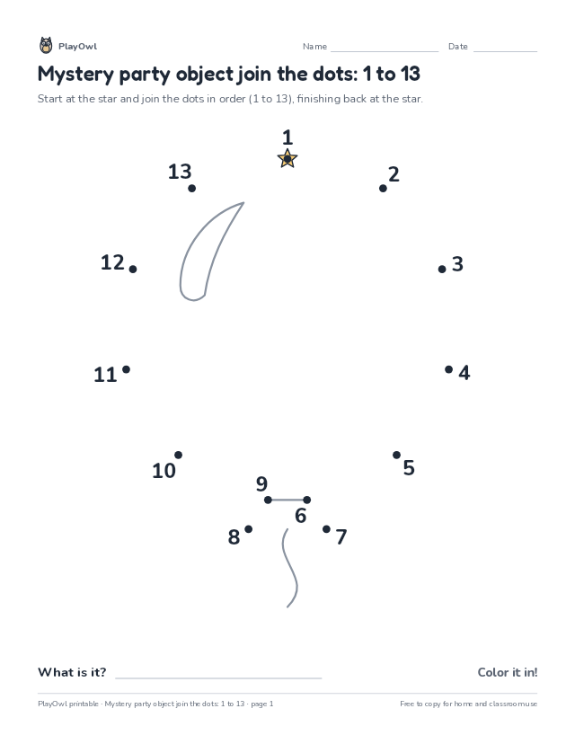 Mystery party object join the dots: 1 to 13: dot-to-dot for Preschool, page 1 preview