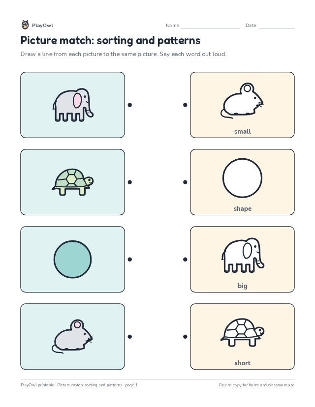 Picture match: sorting and patterns: matching worksheet for Preschool, page 1 preview