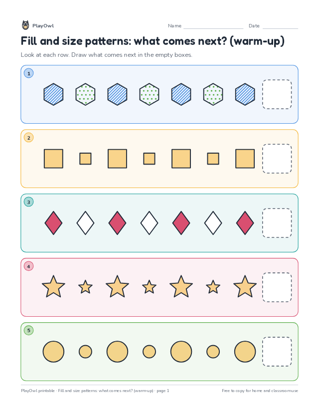 Fill and size patterns: what comes next? (warm-up): pattern puzzle for Preschool to Pre-K, page 1 preview