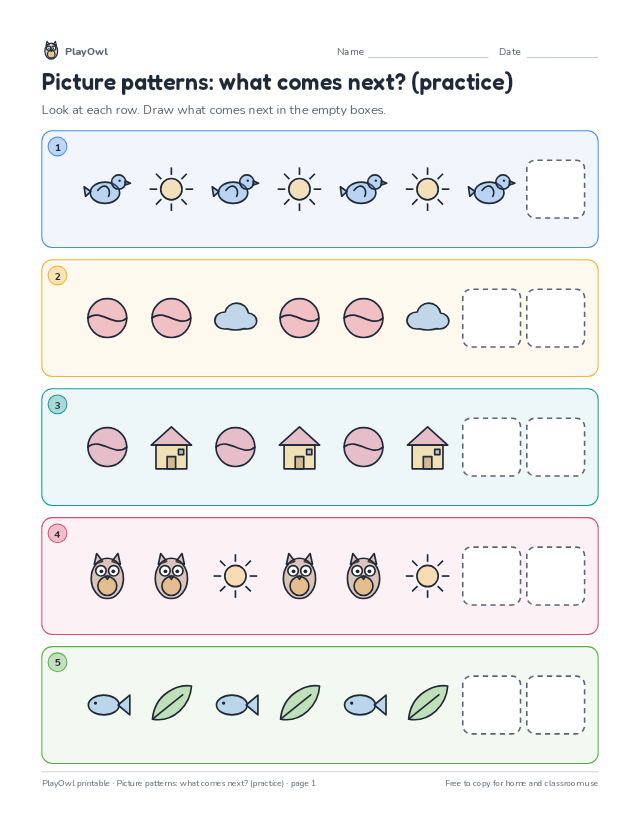 Picture patterns: what comes next? (practice): pattern puzzle for Preschool to Pre-K, page 1 preview