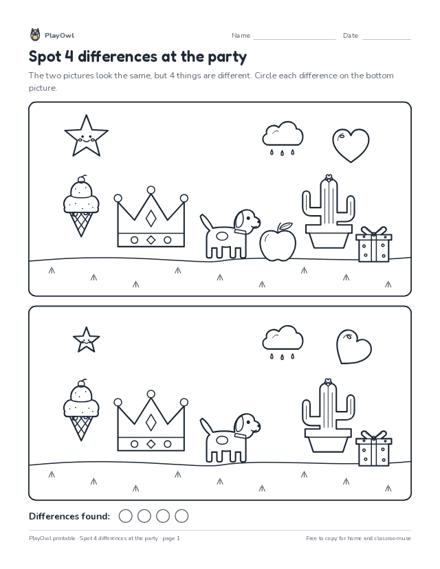 Spot 4 differences at the party: spot the difference puzzle for Preschool to Pre-K, page 1 preview