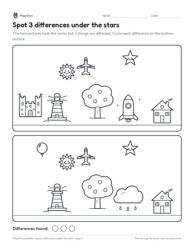 Spot 3 differences under the stars: spot the difference puzzle for Preschool, page 1 preview