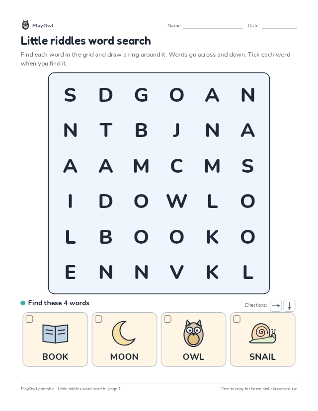 Little riddles word search: word search for Preschool, page 1 preview