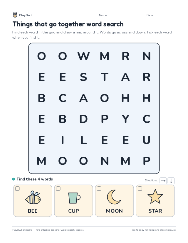 Things that go together word search: word search for Preschool, page 1 preview
