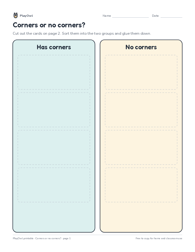 Corners or no corners?: cut-and-sort worksheet for Preschool to Pre-K, page 1 preview