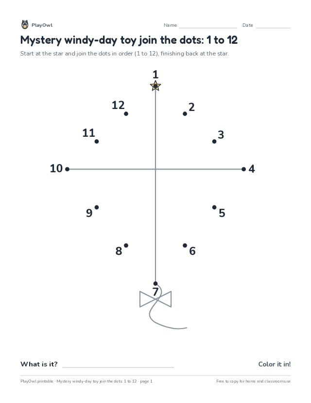 Mystery windy-day toy join the dots: 1 to 12: dot-to-dot for Preschool, page 1 preview