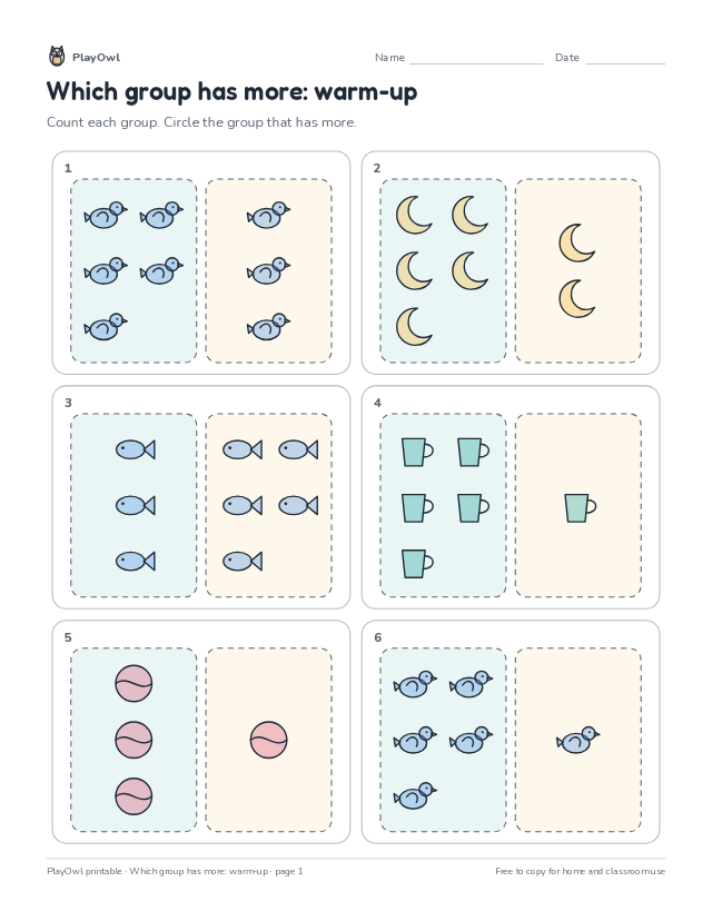 Which group has more: warm-up: math worksheet for Preschool, page 1 preview