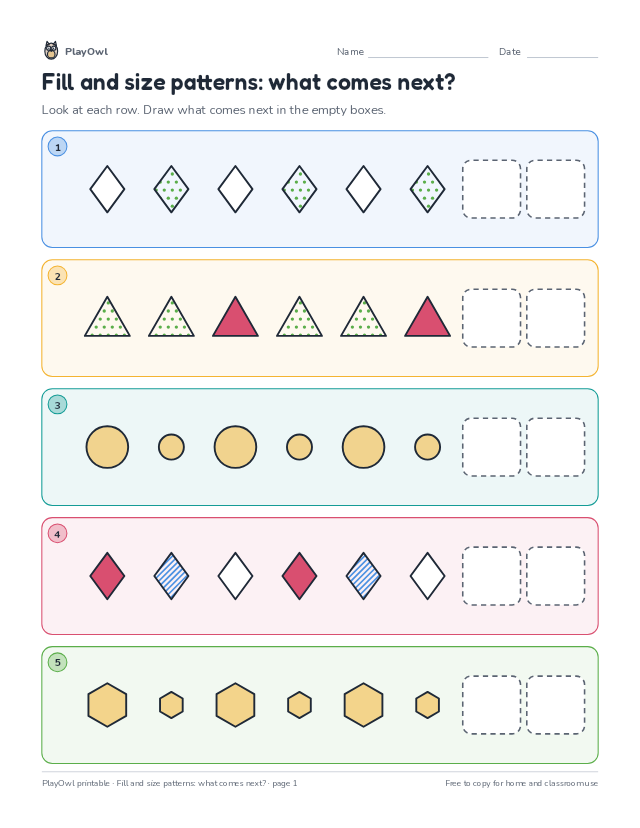 Fill and size patterns: what comes next?: math pattern worksheet for Preschool to Pre-K, page 1 preview