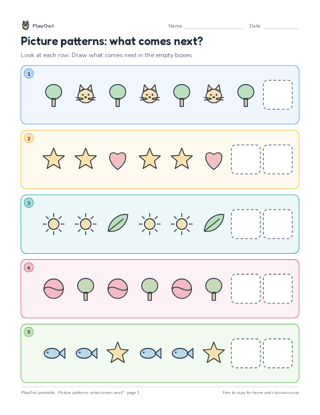 Picture patterns: what comes next?: math pattern worksheet for Preschool to Pre-K, page 1 preview