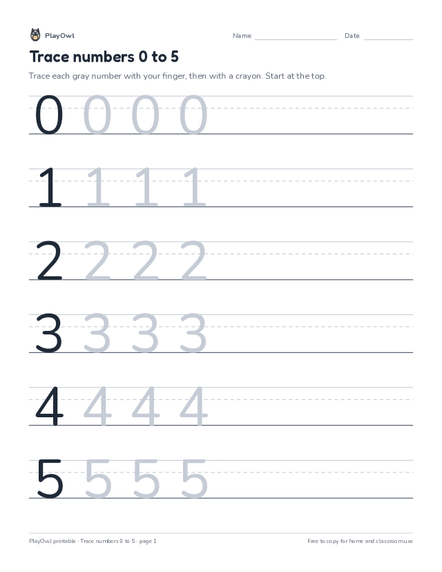 Trace numbers 0 to 5: tracing worksheet for Preschool, page 1 preview