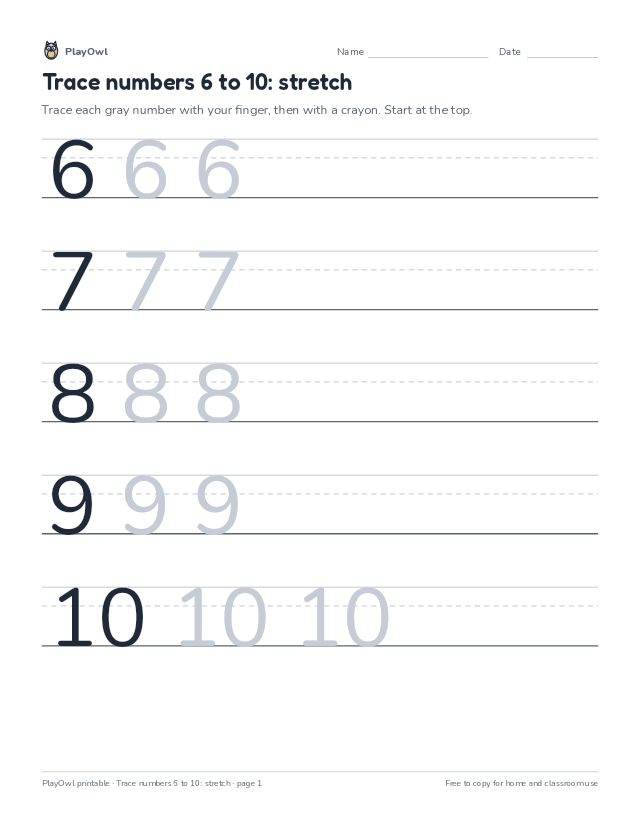 Trace numbers 6 to 10: stretch: tracing worksheet for Preschool, page 1 preview