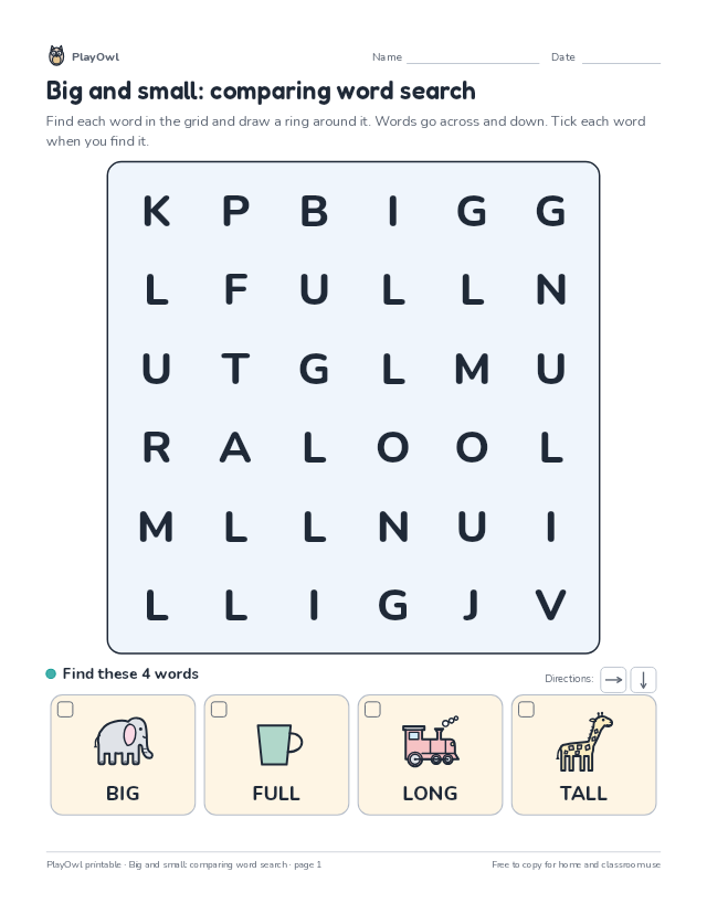 Big and small: comparing word search: word search for Preschool, page 1 preview
