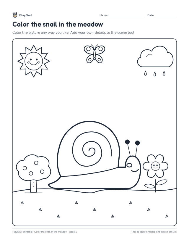 Color the snail in the meadow: coloring page for Preschool, page 1 preview