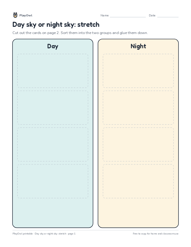 Day sky or night sky: stretch: cut-and-sort worksheet for Preschool to Pre-K, page 1 preview