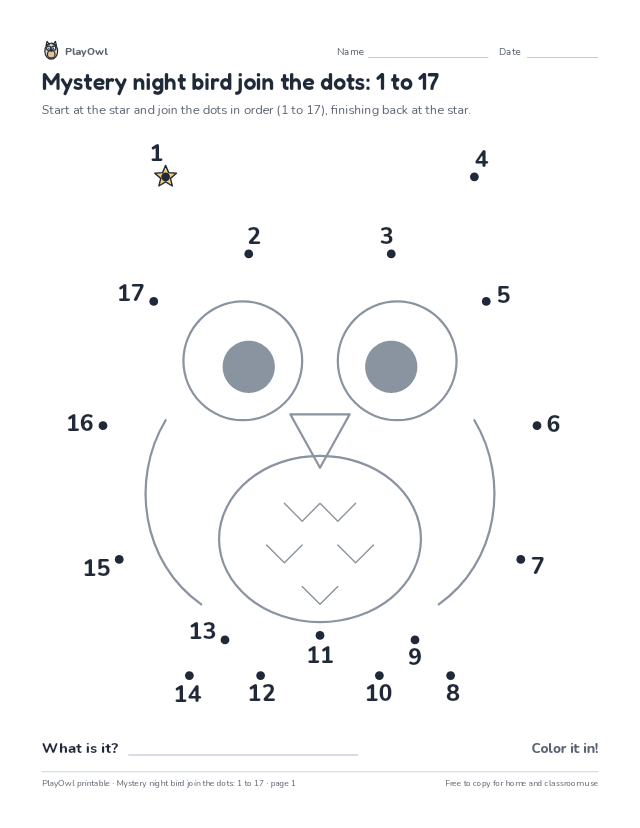 Mystery night bird join the dots: 1 to 17: dot-to-dot for Preschool to Pre-K, page 1 preview