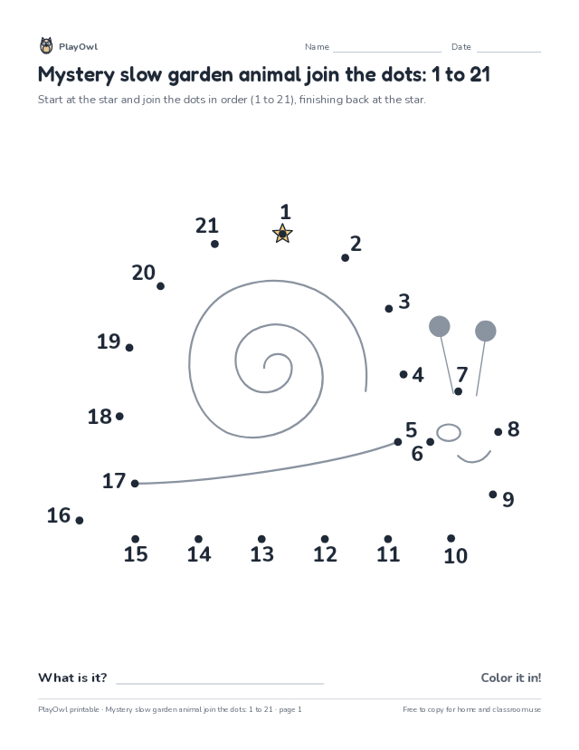 Mystery slow garden animal join the dots: 1 to 21: dot-to-dot for Preschool to Pre-K, page 1 preview