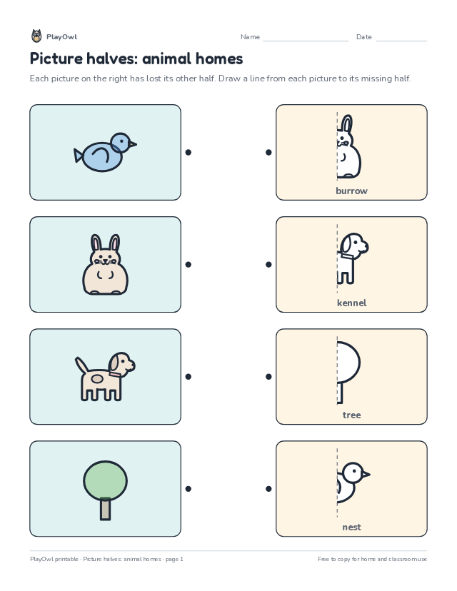 Picture halves: animal homes: matching worksheet for Preschool, page 1 preview