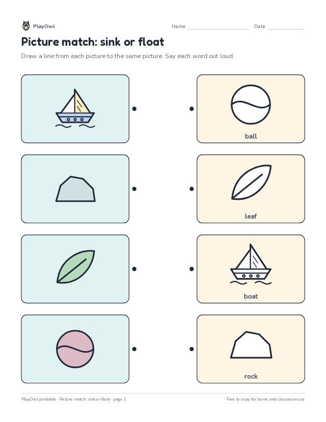 Picture match: sink or float: matching worksheet for Preschool, page 1 preview