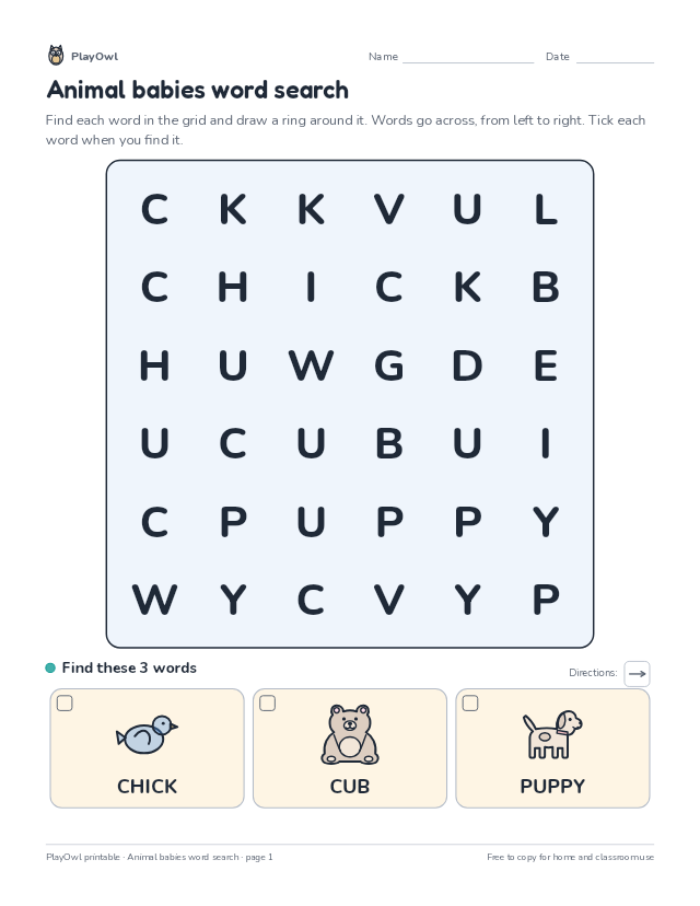 Animal babies word search: word search for Preschool, page 1 preview