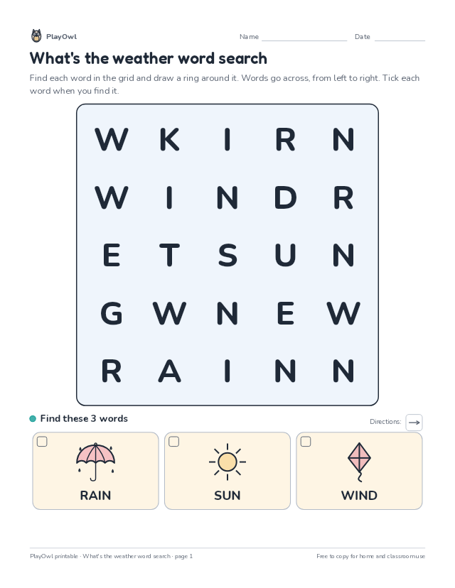 What's the weather word search: word search for Preschool, page 1 preview