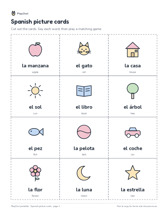 Spanish picture cards: vocabulary worksheet for Kindergarten to Grade 5, page 1 preview