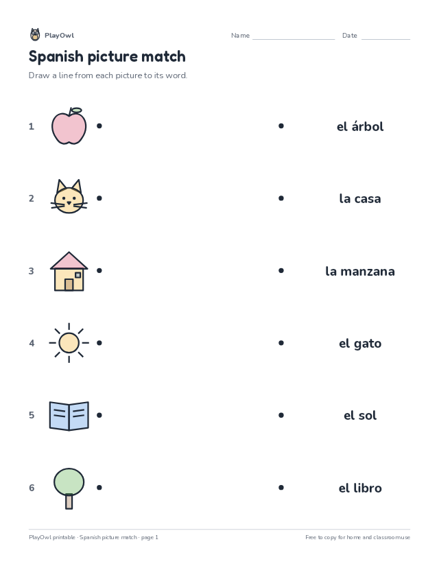 Spanish picture match: vocabulary worksheet for Kindergarten to Grade 5, page 1 preview