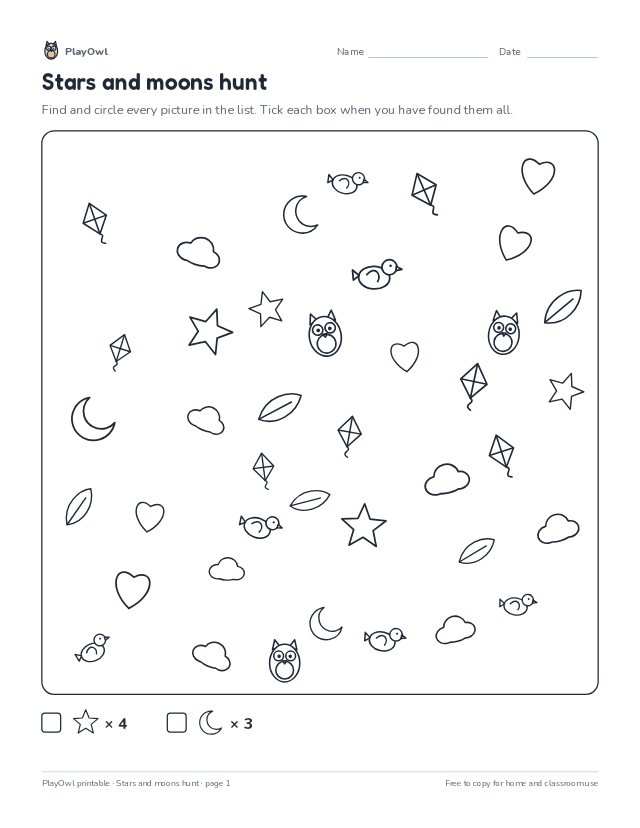 Stars and moons hunt: hidden picture puzzle for Kindergarten to Grade 1, page 1 preview