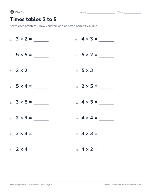Times tables 2 to 5: math worksheet for Grades 3–4, page 1 preview