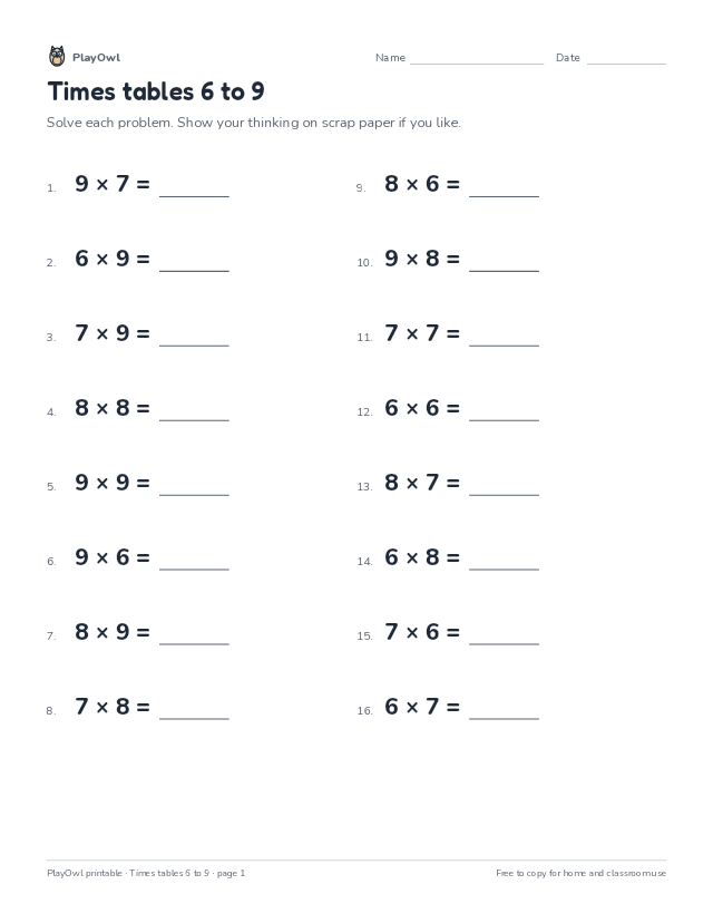 Times tables 6 to 9: math worksheet for Grades 3–5, page 1 preview