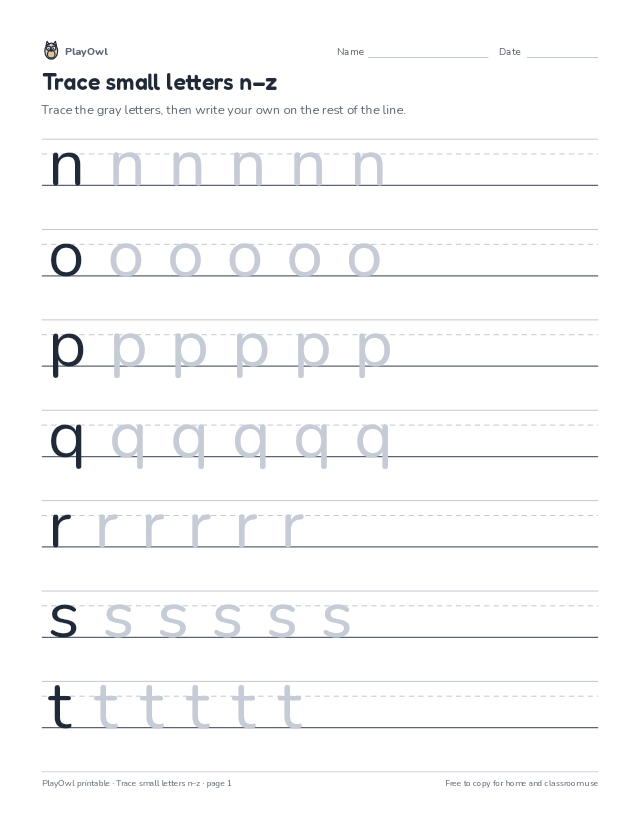Trace small letters n–z: tracing worksheet for Pre-K to Grade 1, page 1 preview