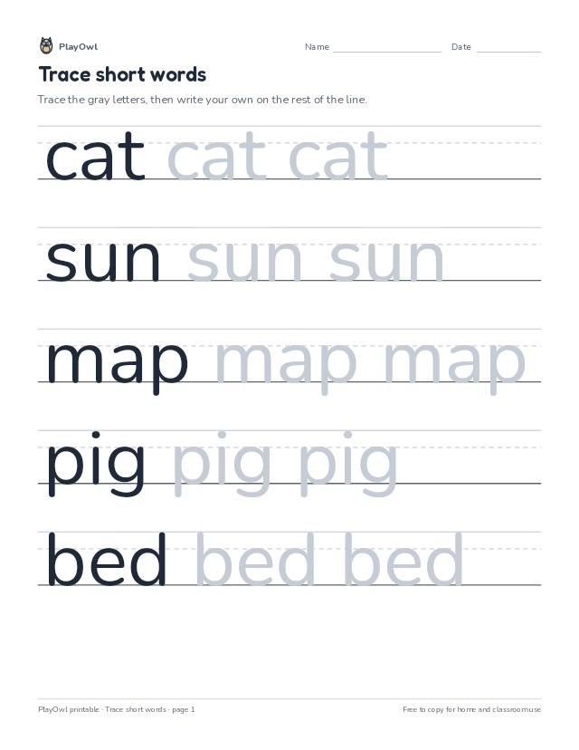 Trace short words: tracing worksheet for Kindergarten to Grade 1, page 1 preview