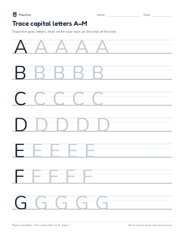 Trace capital letters A–M: tracing worksheet for Pre-K to Kindergarten, page 1 preview