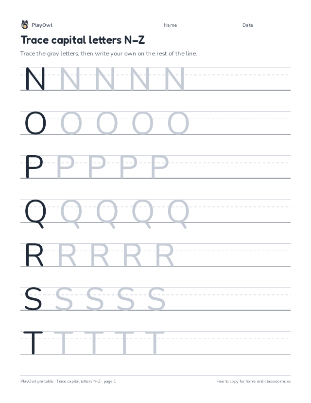 Trace capital letters N–Z: tracing worksheet for Pre-K to Kindergarten, page 1 preview